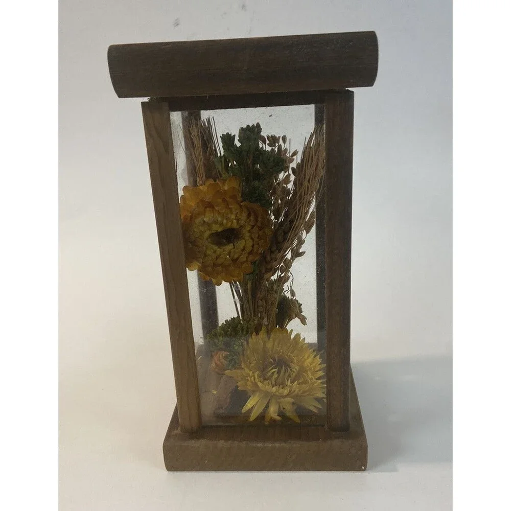 Vintage Dried Flower Glass Box on Wood Base And Top Cottagecore Rustic Country